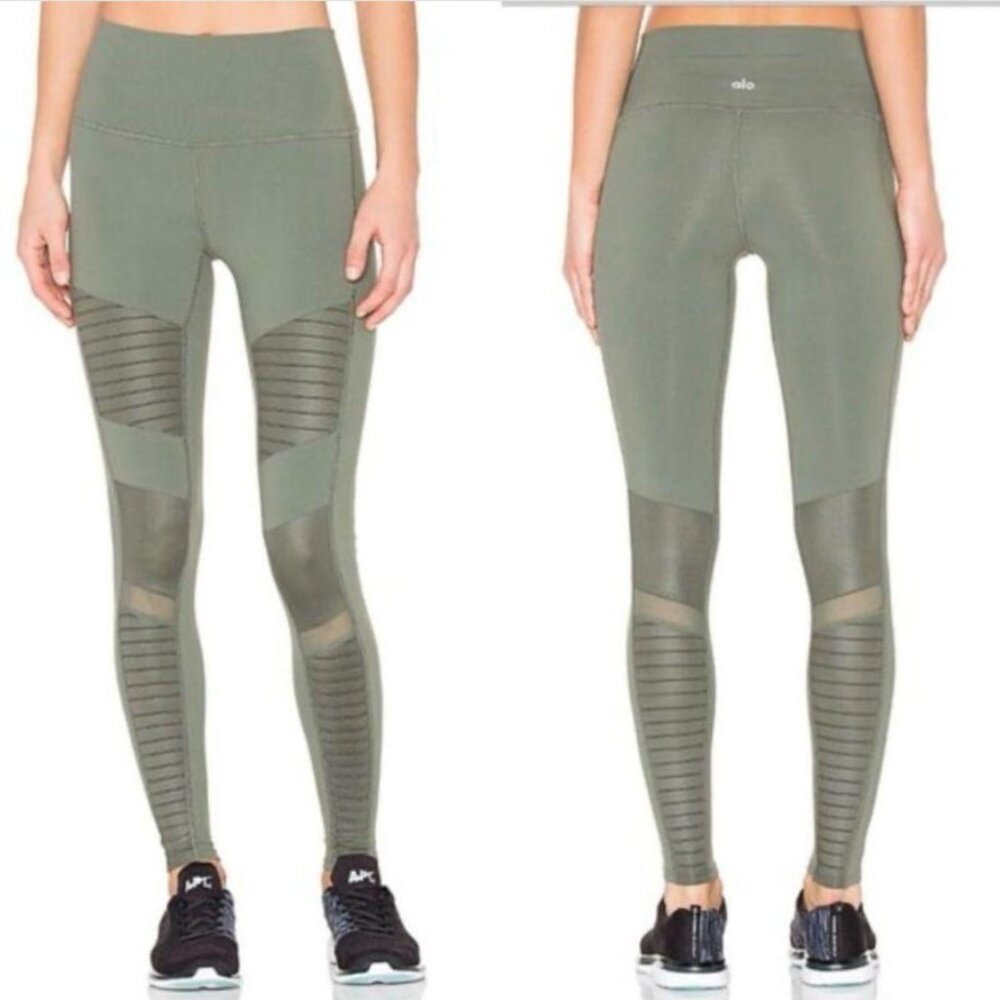 Alo Yoga Green Compression Moto Leggings High Waist Scuipting Figure Size S